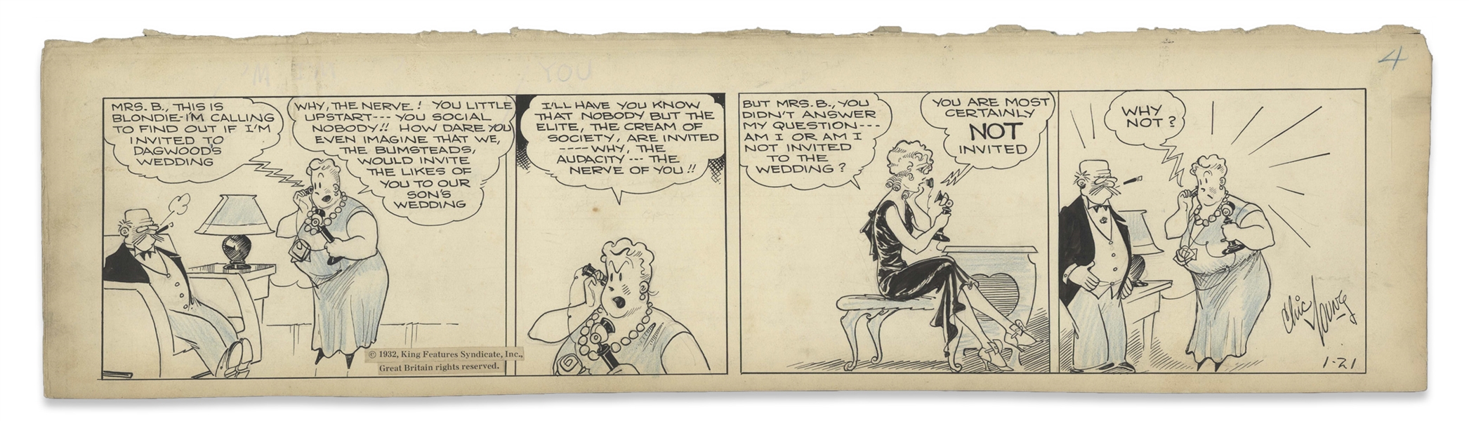 Chic Young Hand-Drawn ''Blondie'' Comic Strip From 1932 Titled ''Unconvinced!'' -- Blondie's Sweet Naivete Shines Through